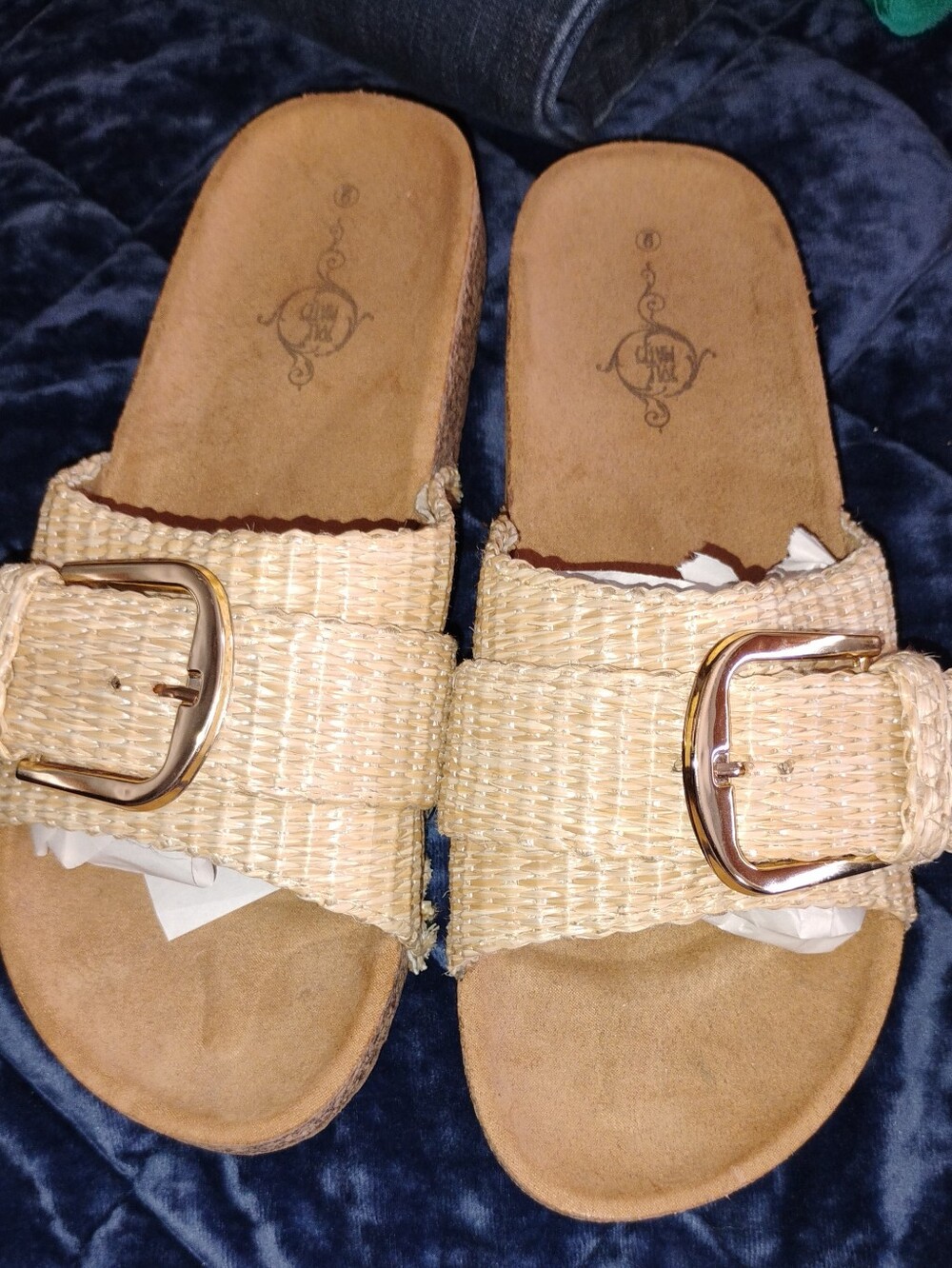 Woven Slide Sandals with Gold Buckle - Natural